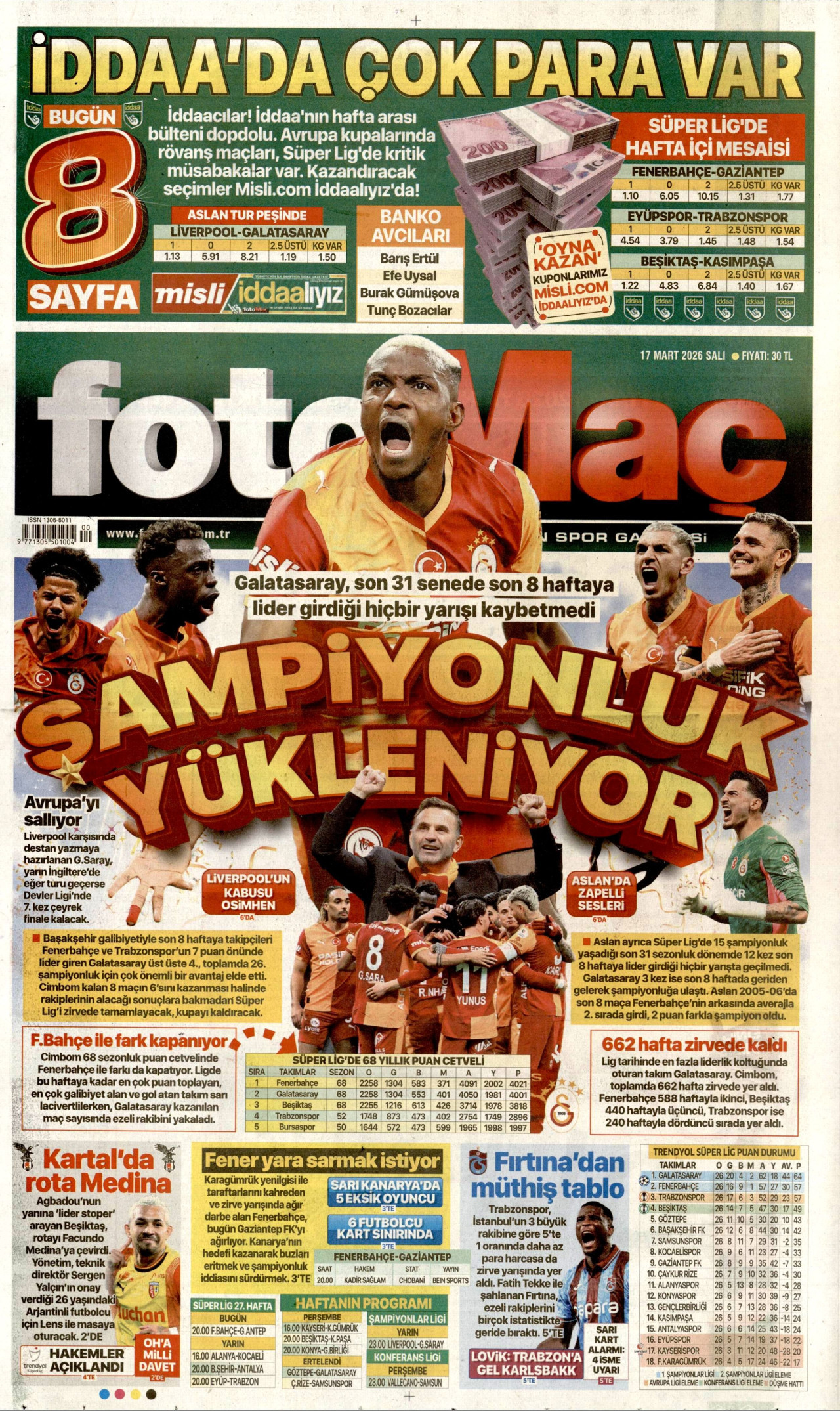 FOTOMAÇ gazetesinin 17 Mart 2026 tarihli birinci sayfası