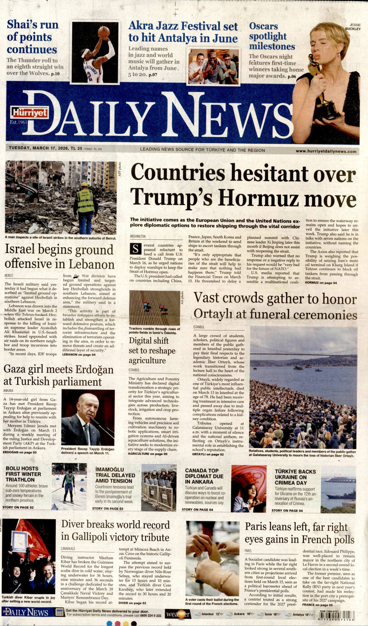 HÜRRİYET DAİLY NEWS gazetesinin 17 Mart 2026 tarihli birinci sayfası