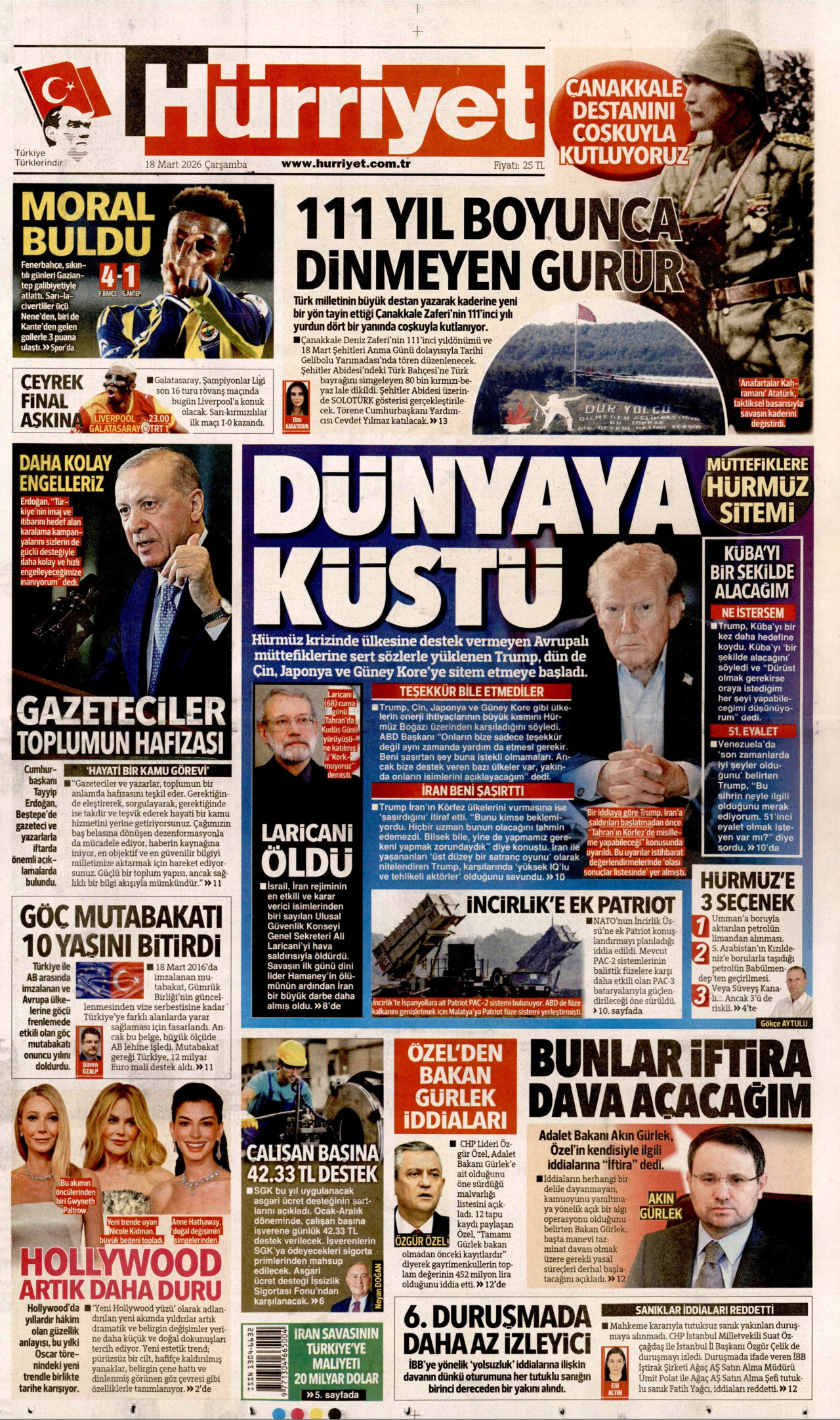 HÜRRİYET gazetesinin 18 Mart 2026 tarihli birinci sayfası
