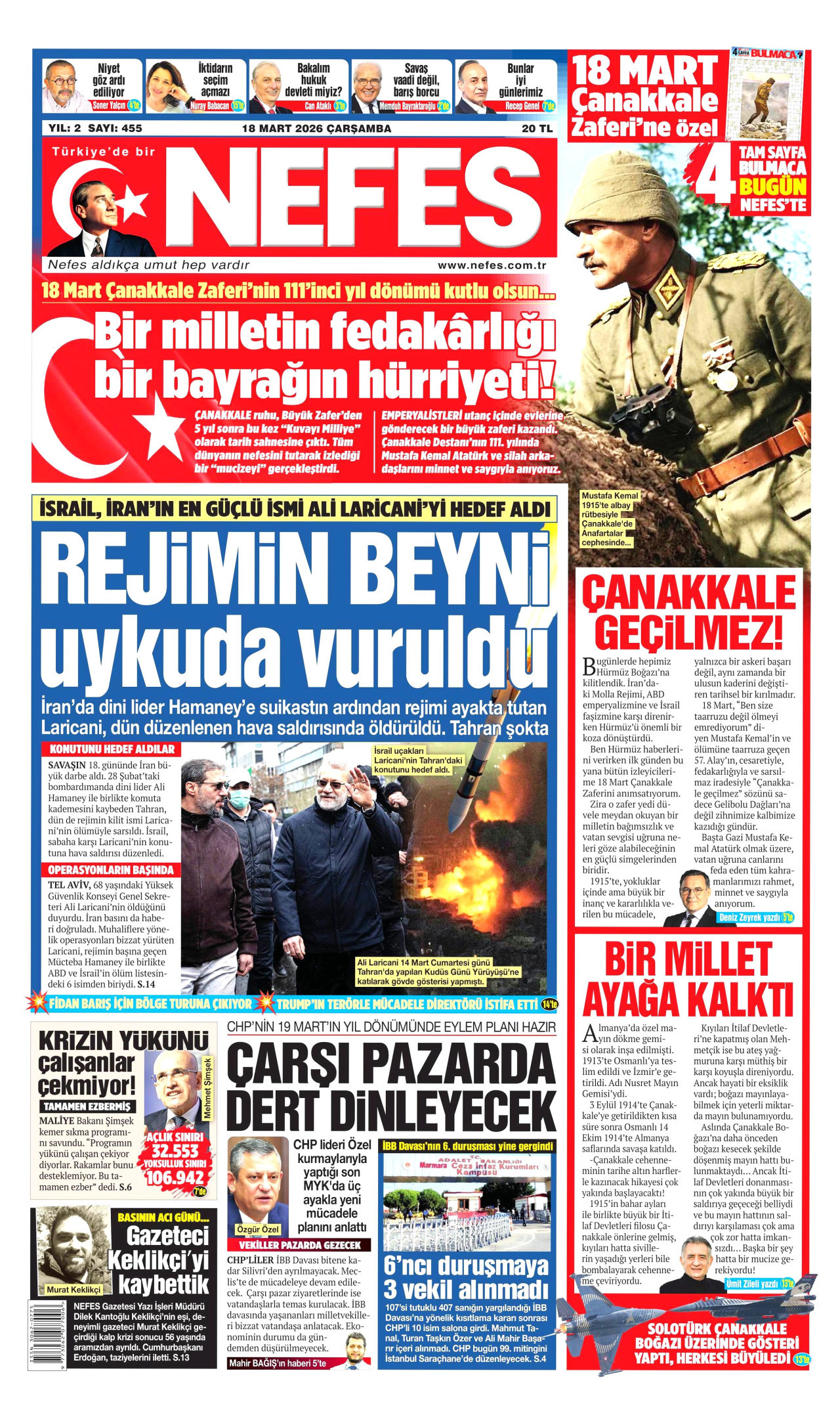 NEFES gazetesinin 18 Mart 2026 tarihli birinci sayfası