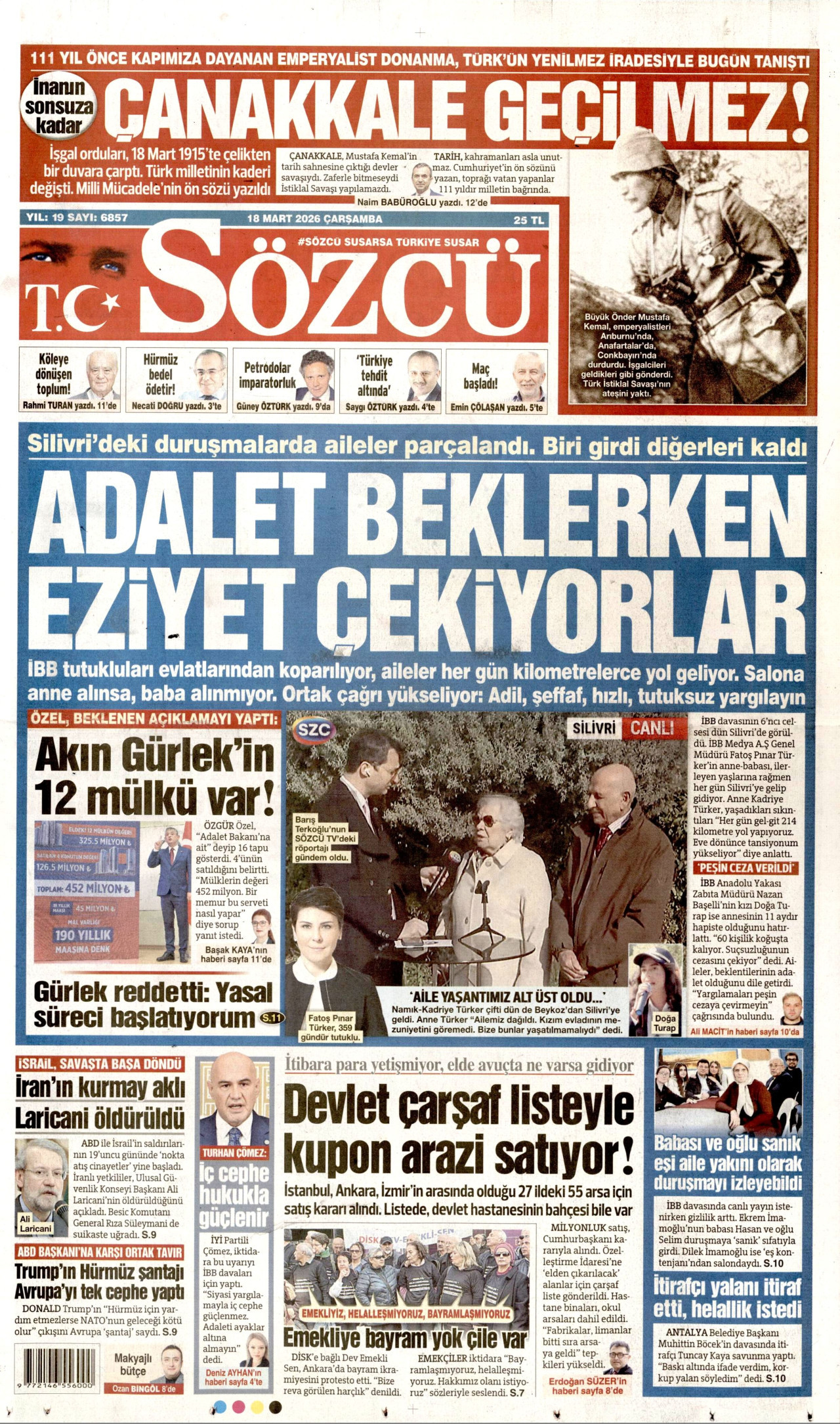 SÖZCÜ gazetesinin 18 Mart 2026 tarihli birinci sayfası