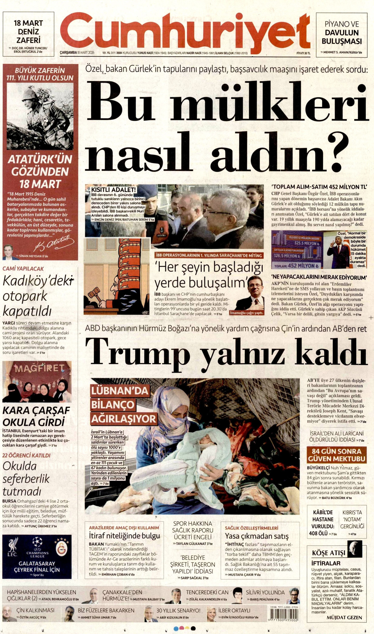 CUMHURİYET gazetesinin 18 Mart 2026 tarihli birinci sayfası