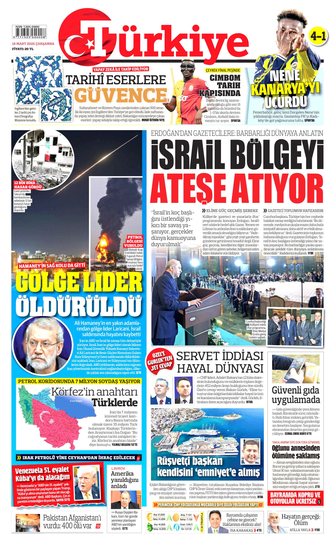 TÜRKİYE GAZETESİ gazetesinin 18 Mart 2026 tarihli birinci sayfası