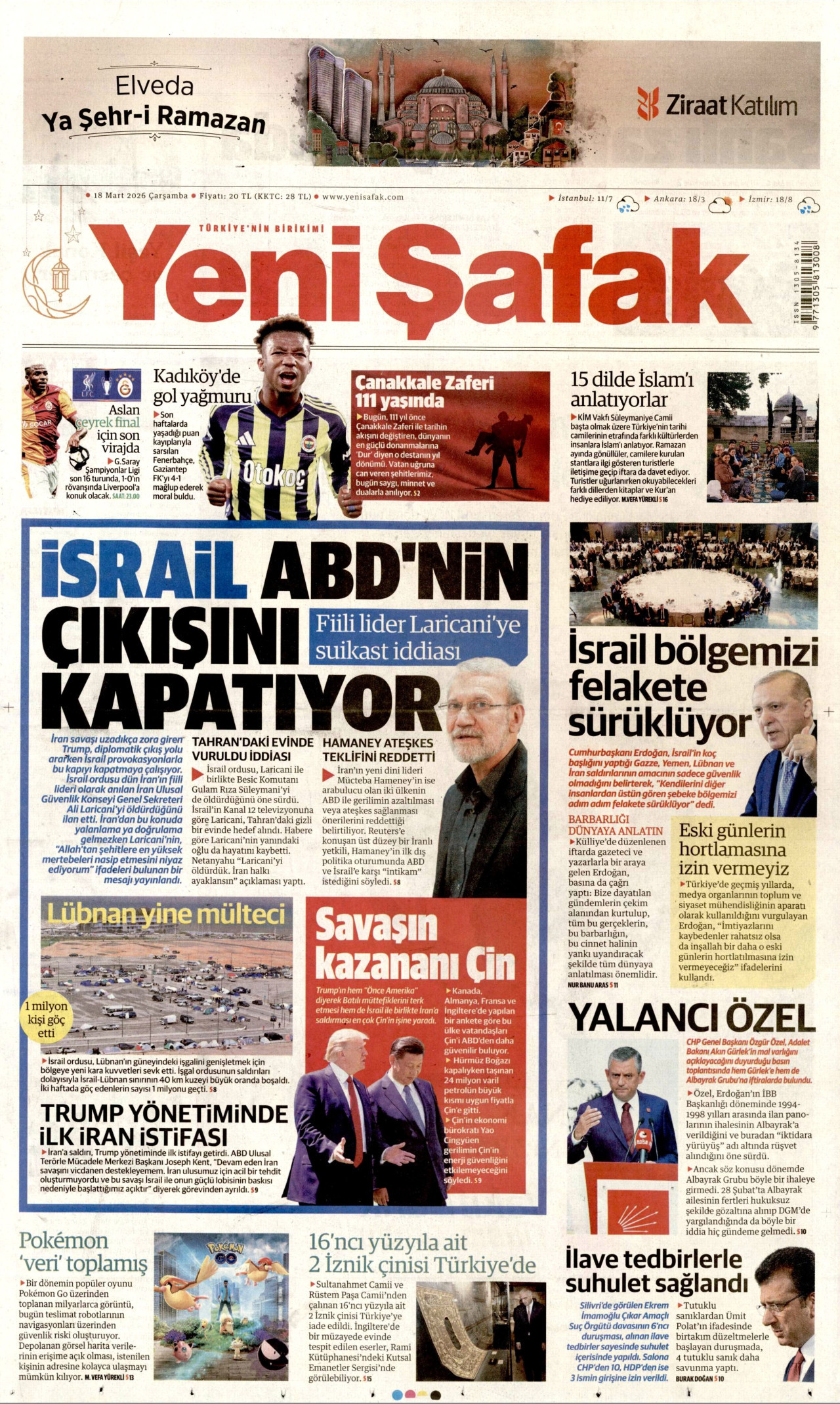 YENİ ŞAFAK gazetesinin 18 Mart 2026 tarihli birinci sayfası