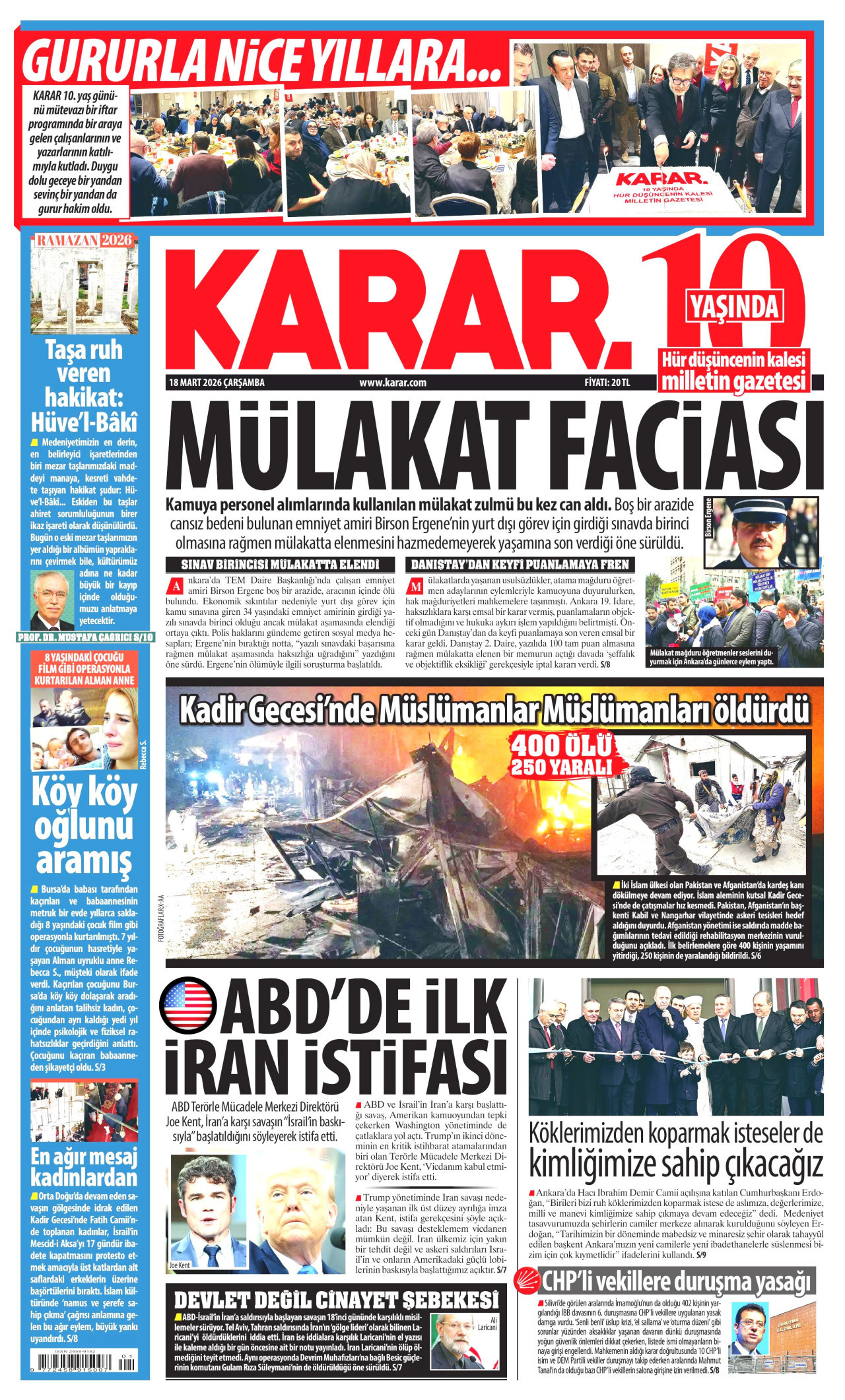 KARAR gazetesinin 18 Mart 2026 tarihli birinci sayfası