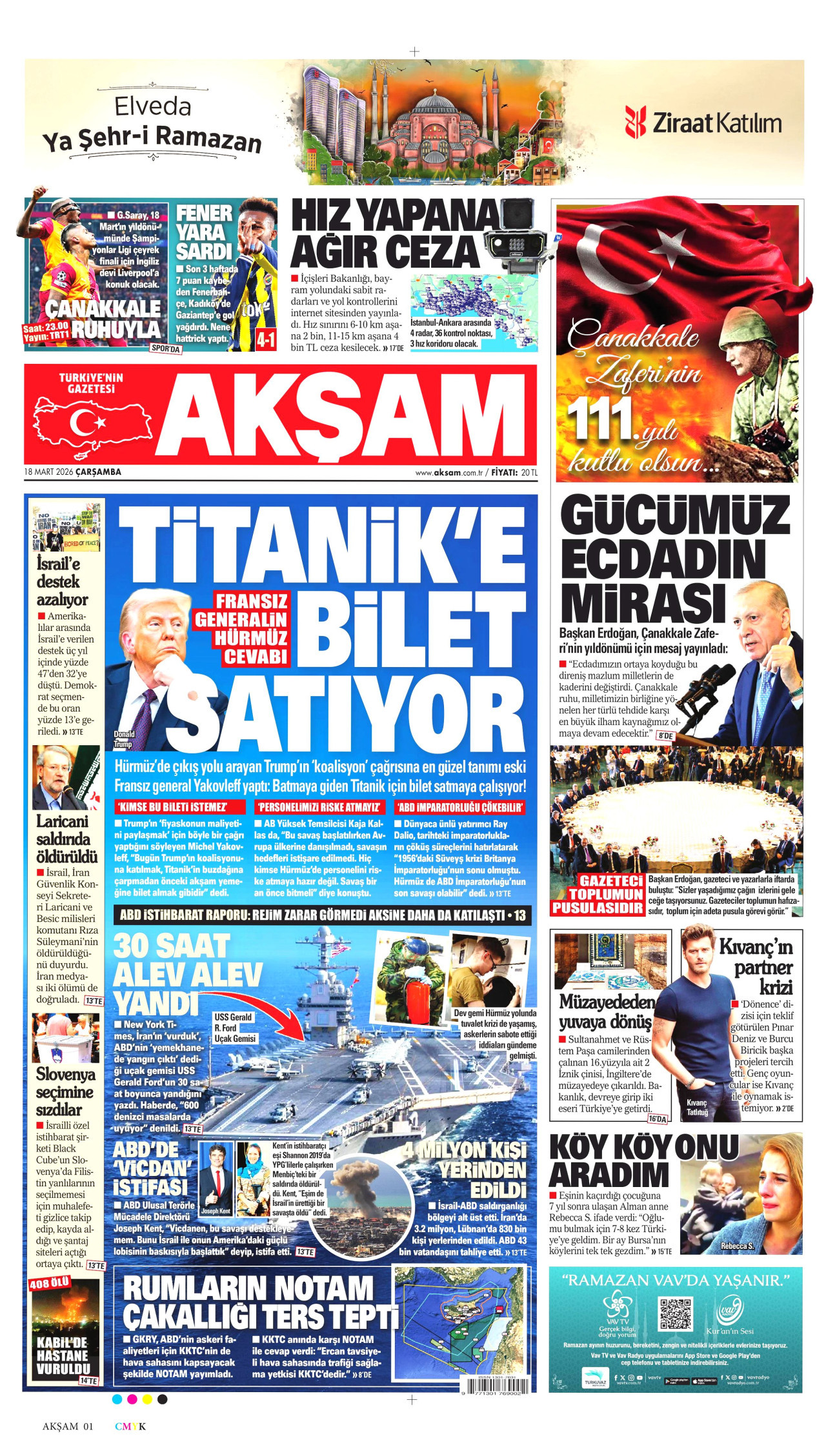 AKŞAM gazetesinin 18 Mart 2026 tarihli birinci sayfası