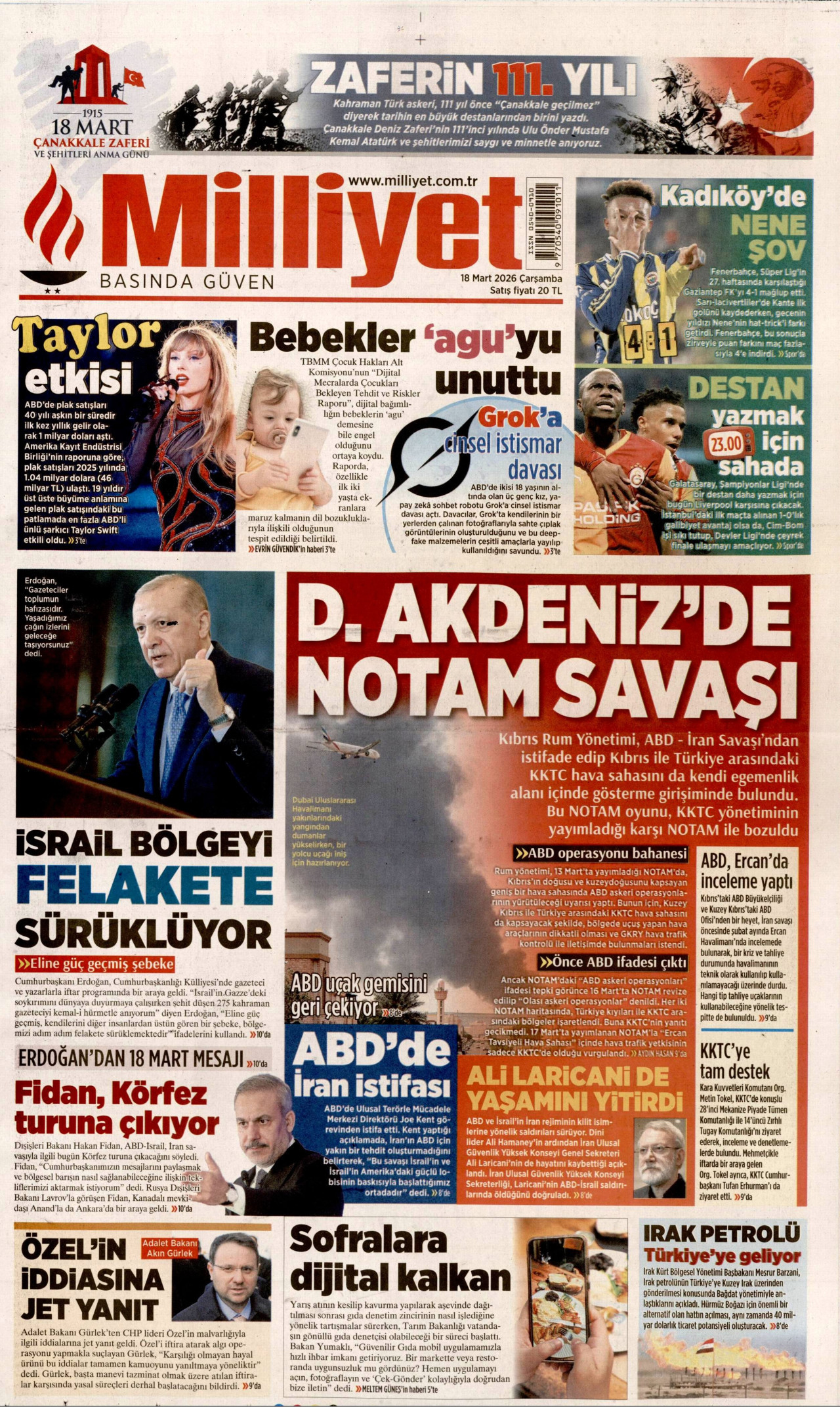MİLLİYET gazetesinin 18 Mart 2026 tarihli birinci sayfası