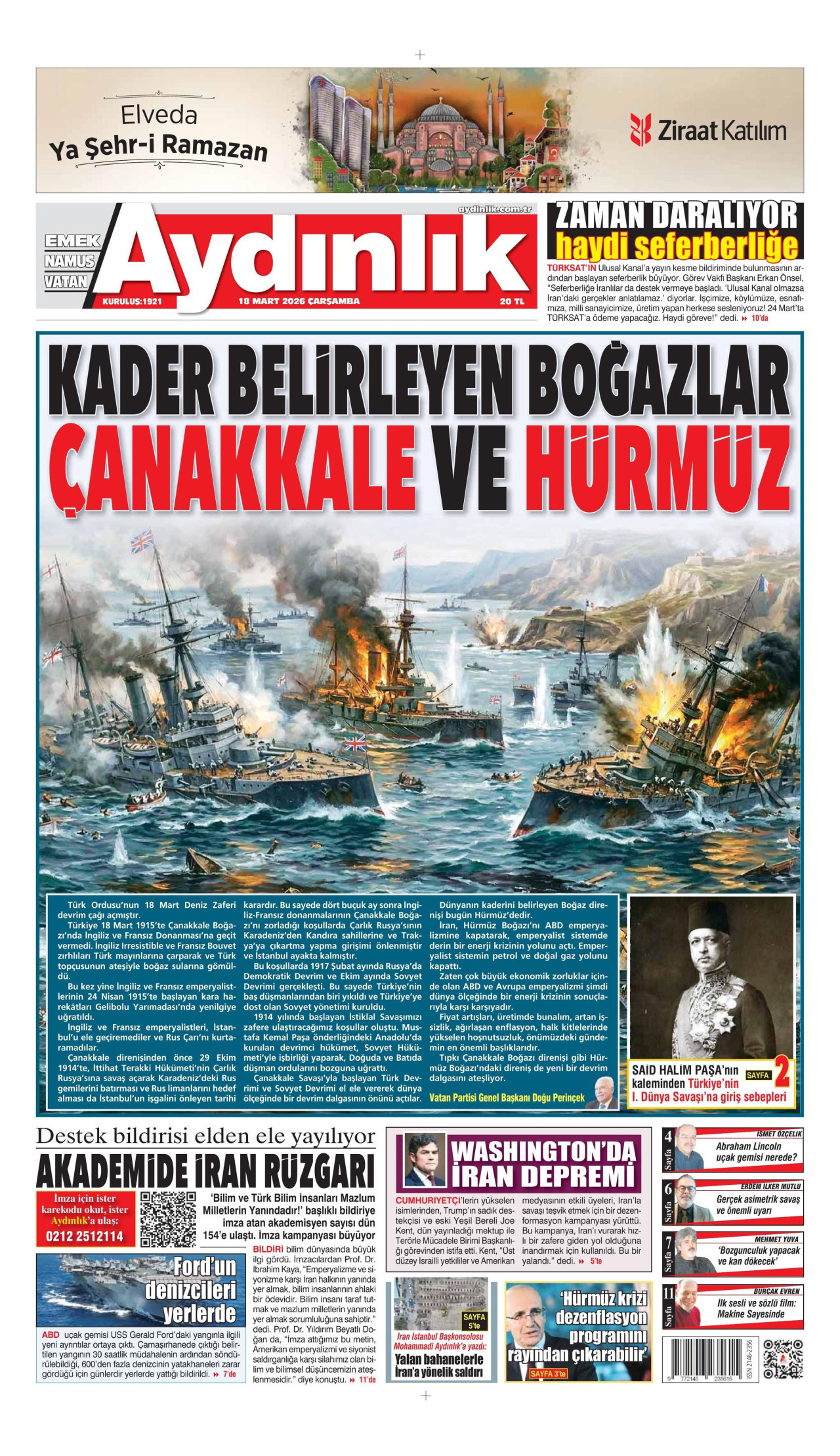 AYDINLIK GAZETESİ gazetesinin 18 Mart 2026 tarihli birinci sayfası