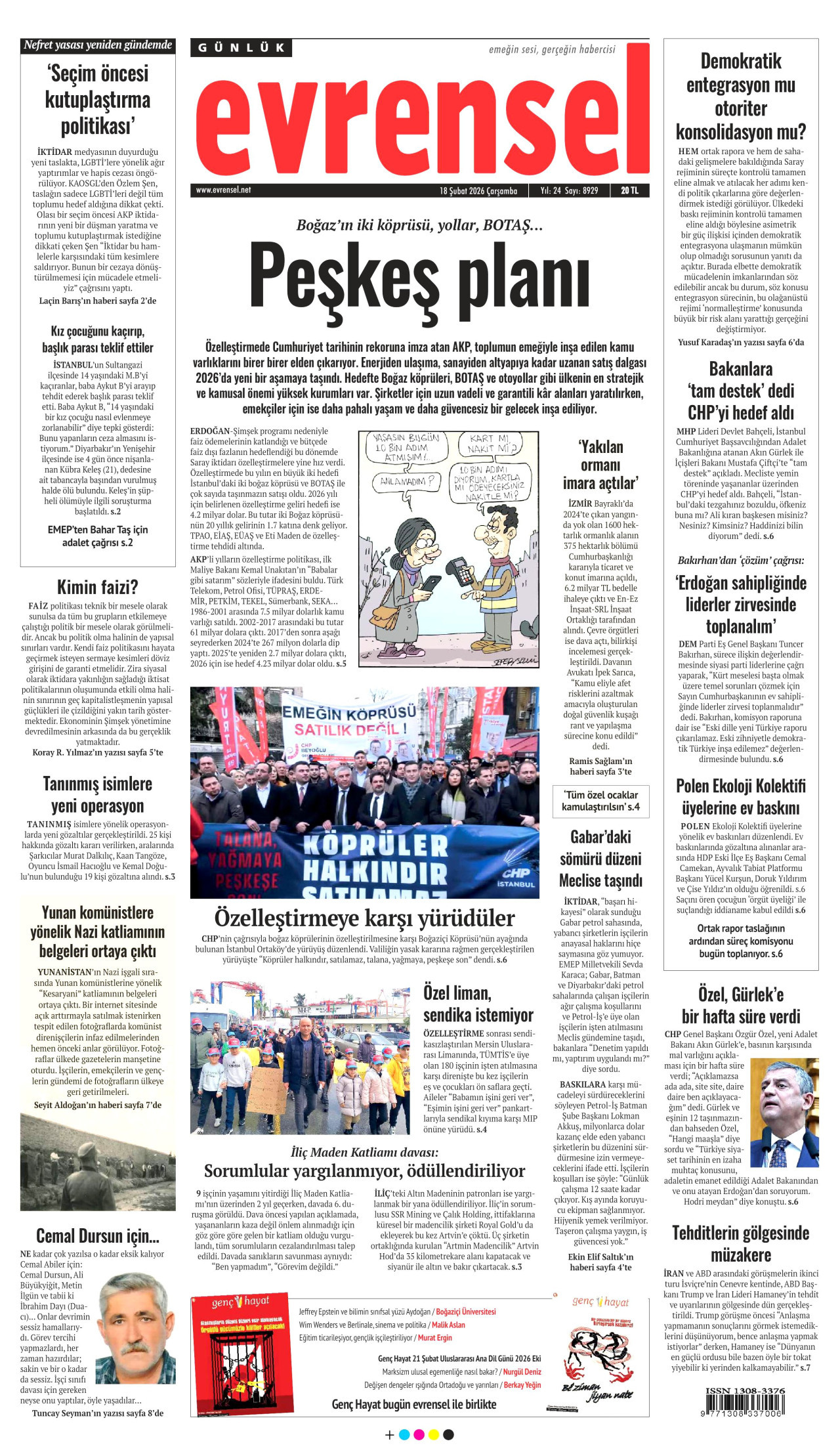 EVRENSEL gazetesinin 18 Mart 2026 tarihli birinci sayfası