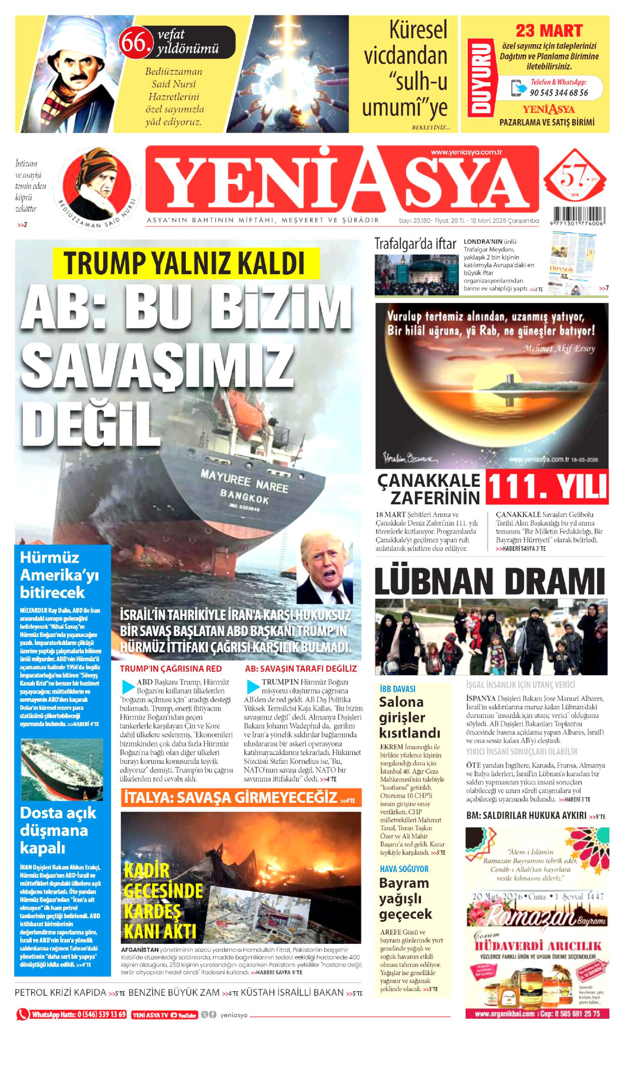 YENİ ASYA gazetesinin 18 Mart 2026 tarihli birinci sayfası