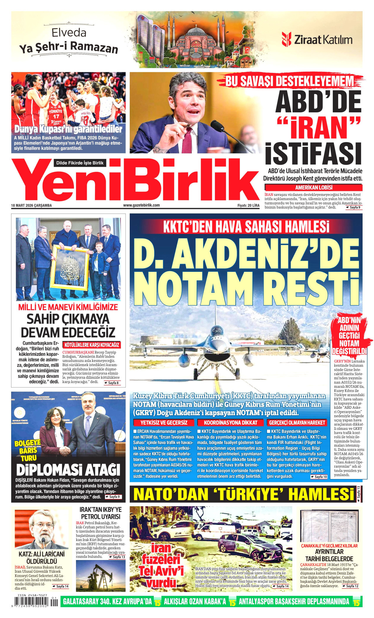 YENİBİRLİK gazetesinin 18 Mart 2026 tarihli birinci sayfası