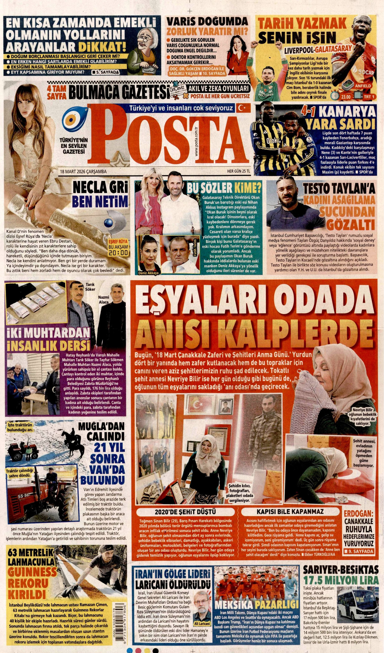 POSTA gazetesinin 18 Mart 2026 tarihli birinci sayfası