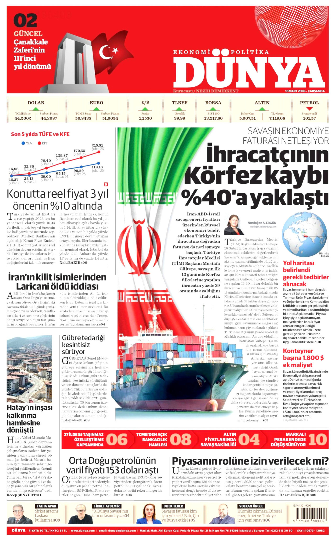 DÜNYA gazetesinin 18 Mart 2026 tarihli birinci sayfası
