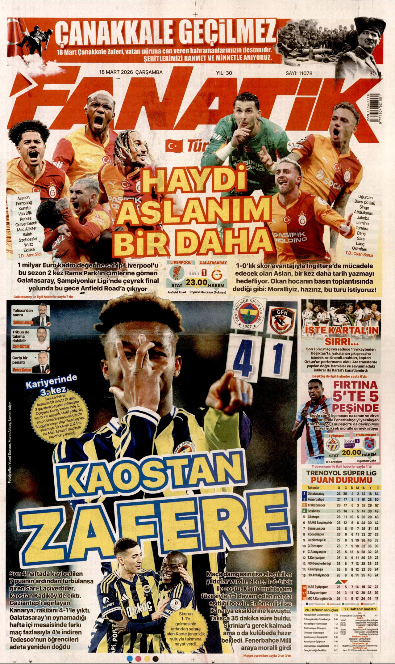 FANATİK gazetesinin 18 Mart 2026 tarihli birinci sayfası