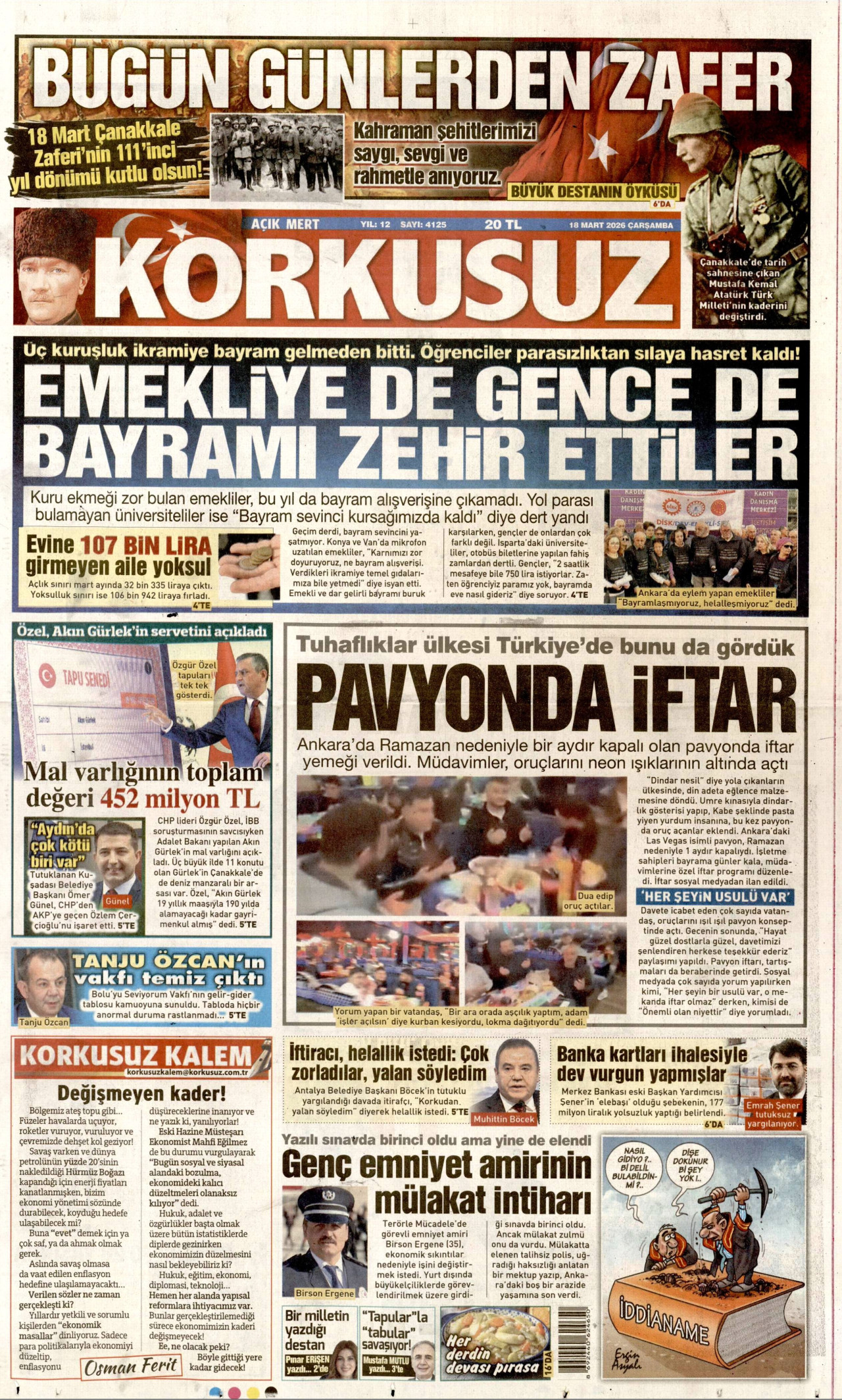KORKUSUZ gazetesinin 18 Mart 2026 tarihli birinci sayfası
