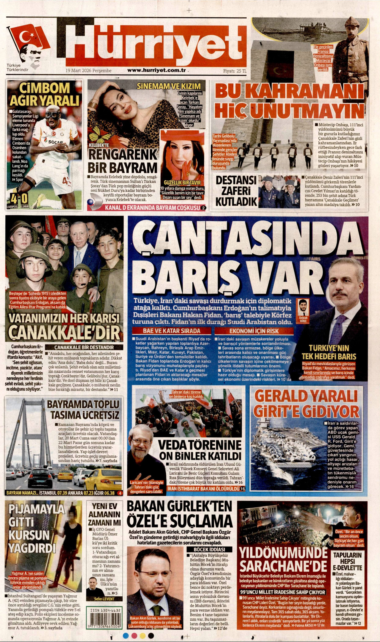 HÜRRİYET gazetesinin 19 Mart 2026 tarihli birinci sayfası