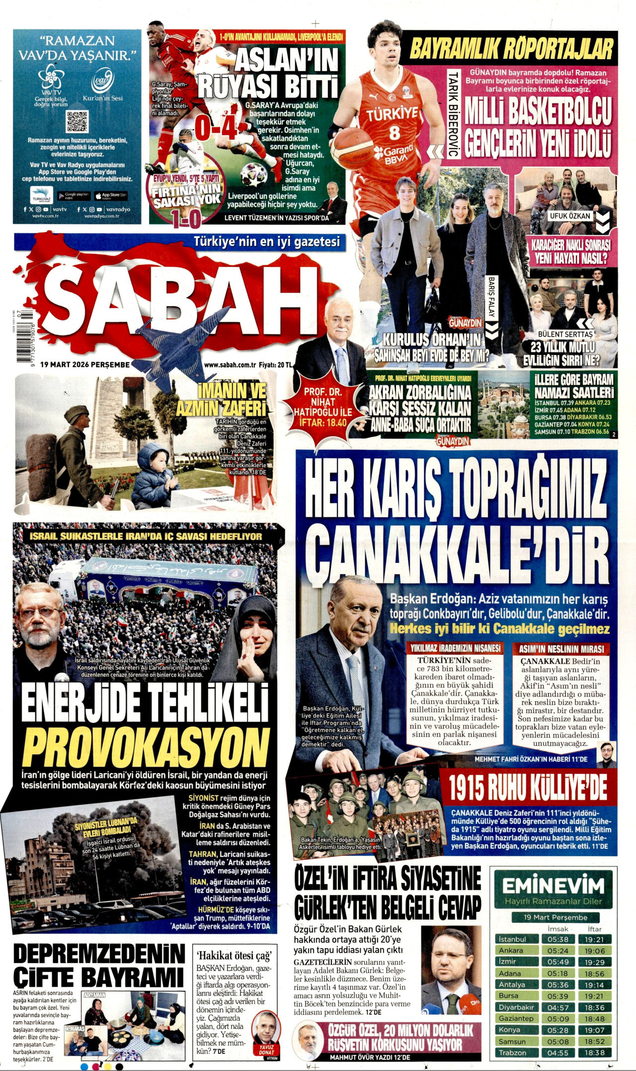 SABAH gazetesinin 19 Mart 2026 tarihli birinci sayfası