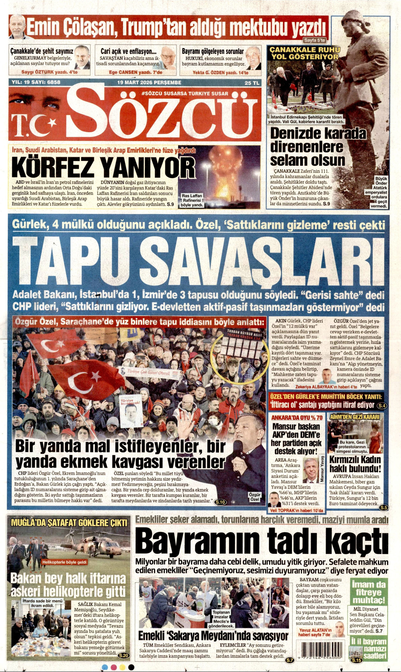 SÖZCÜ gazetesinin 19 Mart 2026 tarihli birinci sayfası