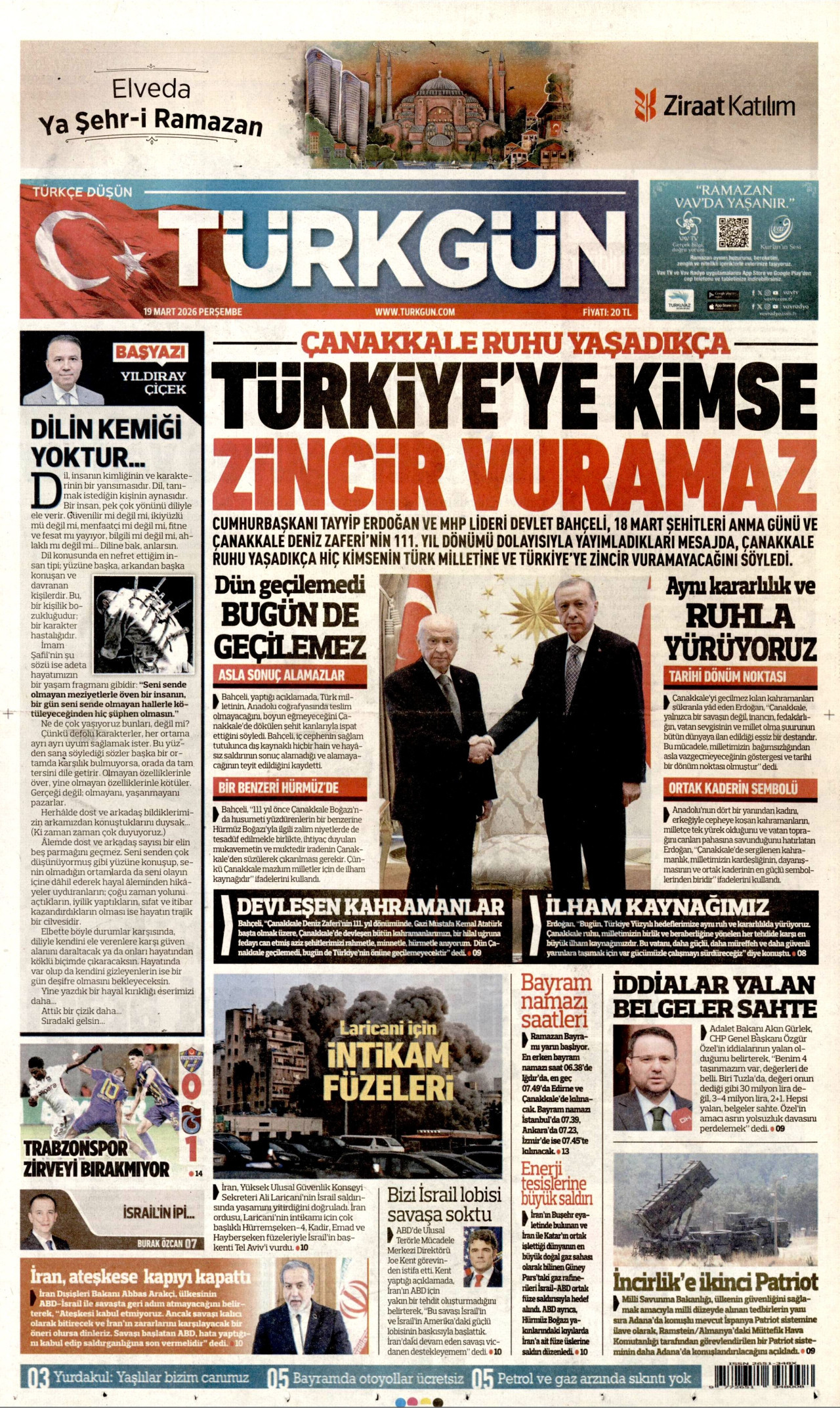 TÜRKGÜN gazetesinin 19 Mart 2026 tarihli birinci sayfası