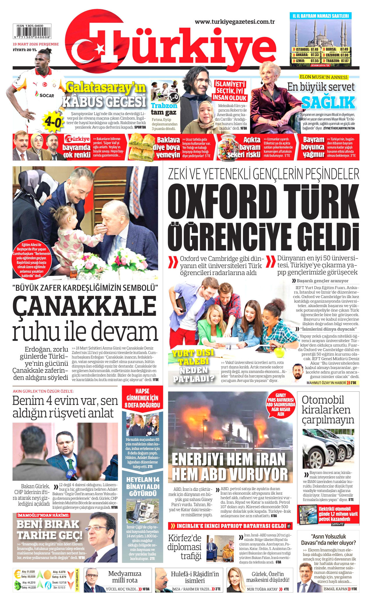 TÜRKİYE GAZETESİ gazetesinin 19 Mart 2026 tarihli birinci sayfası