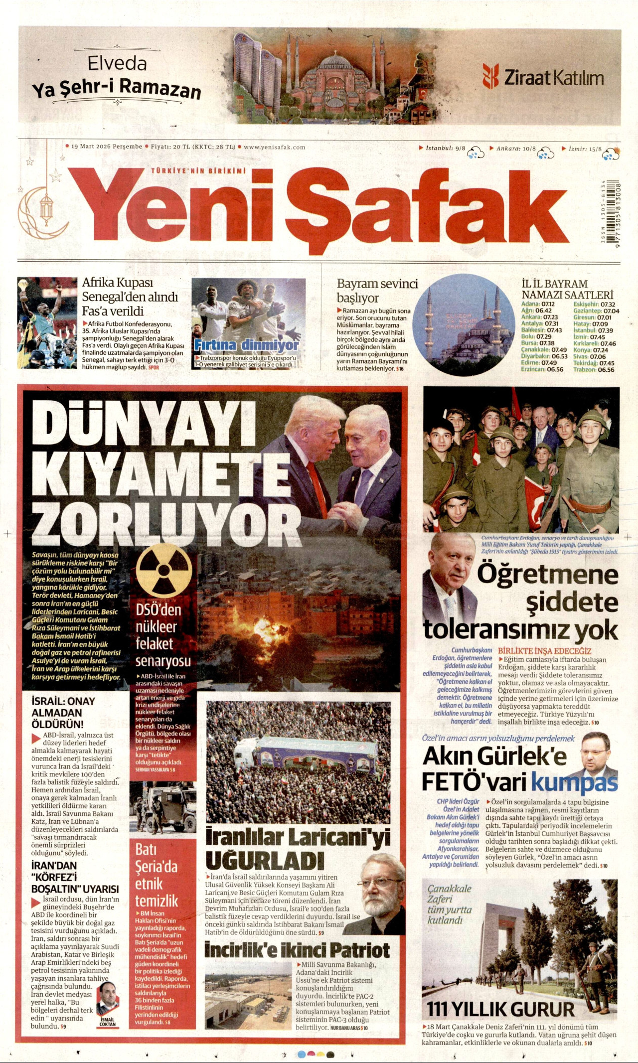 YENİ ŞAFAK gazetesinin 19 Mart 2026 tarihli birinci sayfası