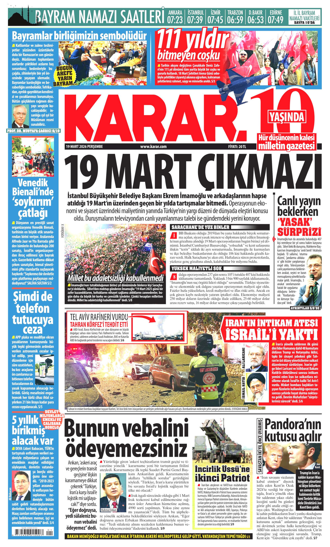 KARAR gazetesinin 19 Mart 2026 tarihli birinci sayfası