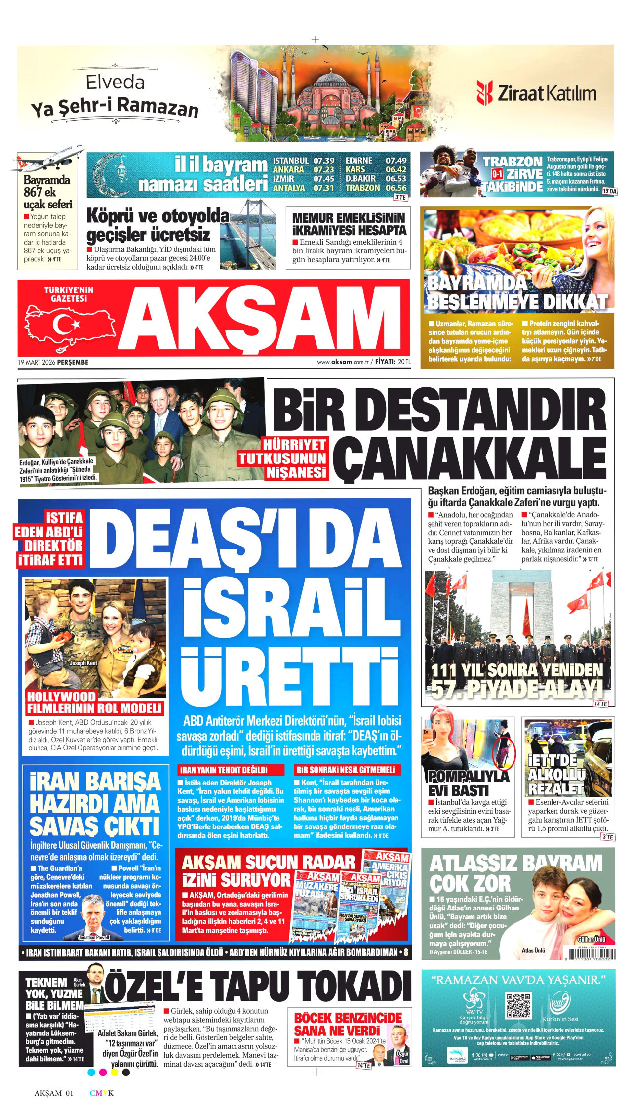 AKŞAM gazetesinin 19 Mart 2026 tarihli birinci sayfası