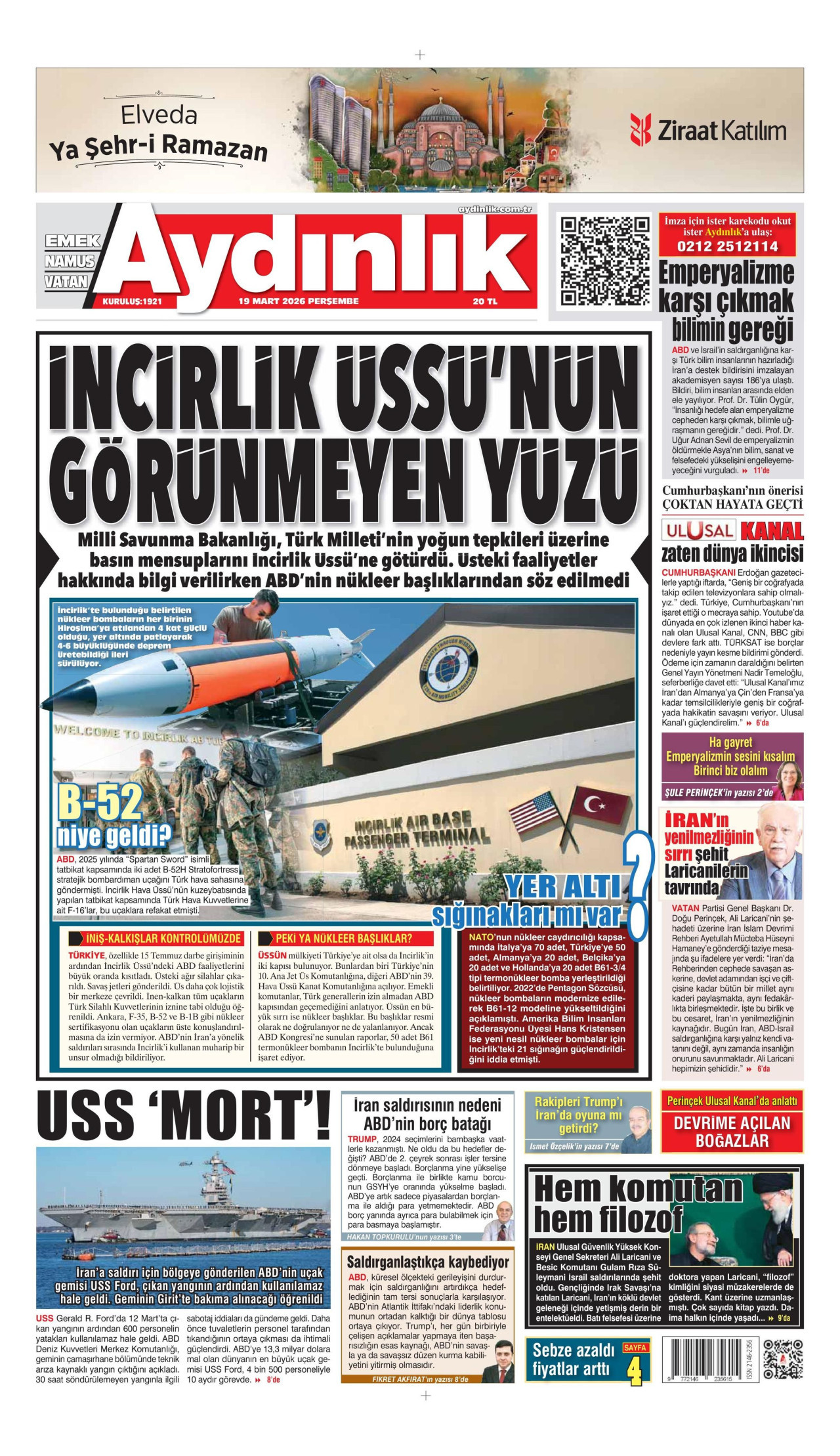 AYDINLIK GAZETESİ gazetesinin 19 Mart 2026 tarihli birinci sayfası
