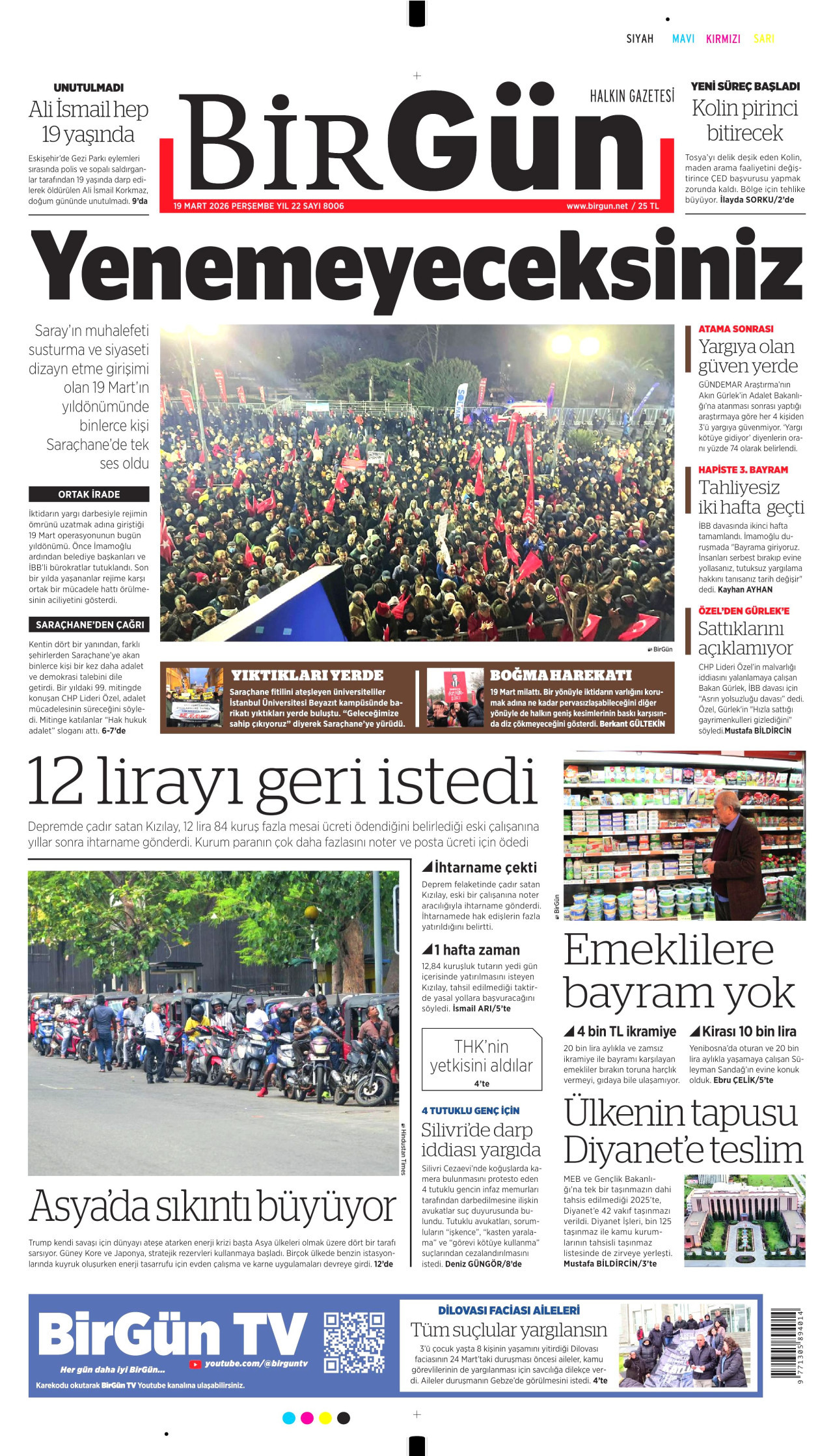 BİRGÜN gazetesinin 19 Mart 2026 tarihli birinci sayfası