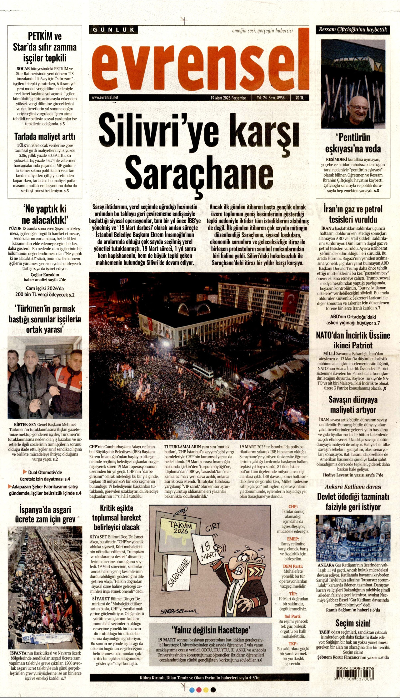 EVRENSEL gazetesinin 19 Mart 2026 tarihli birinci sayfası