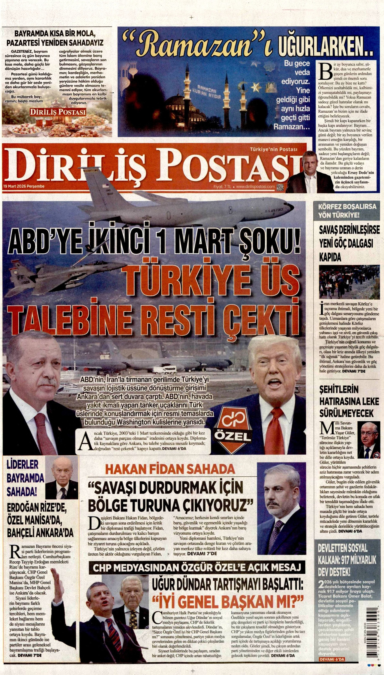 DİRİLİŞ POSTASI gazetesinin 19 Mart 2026 tarihli birinci sayfası