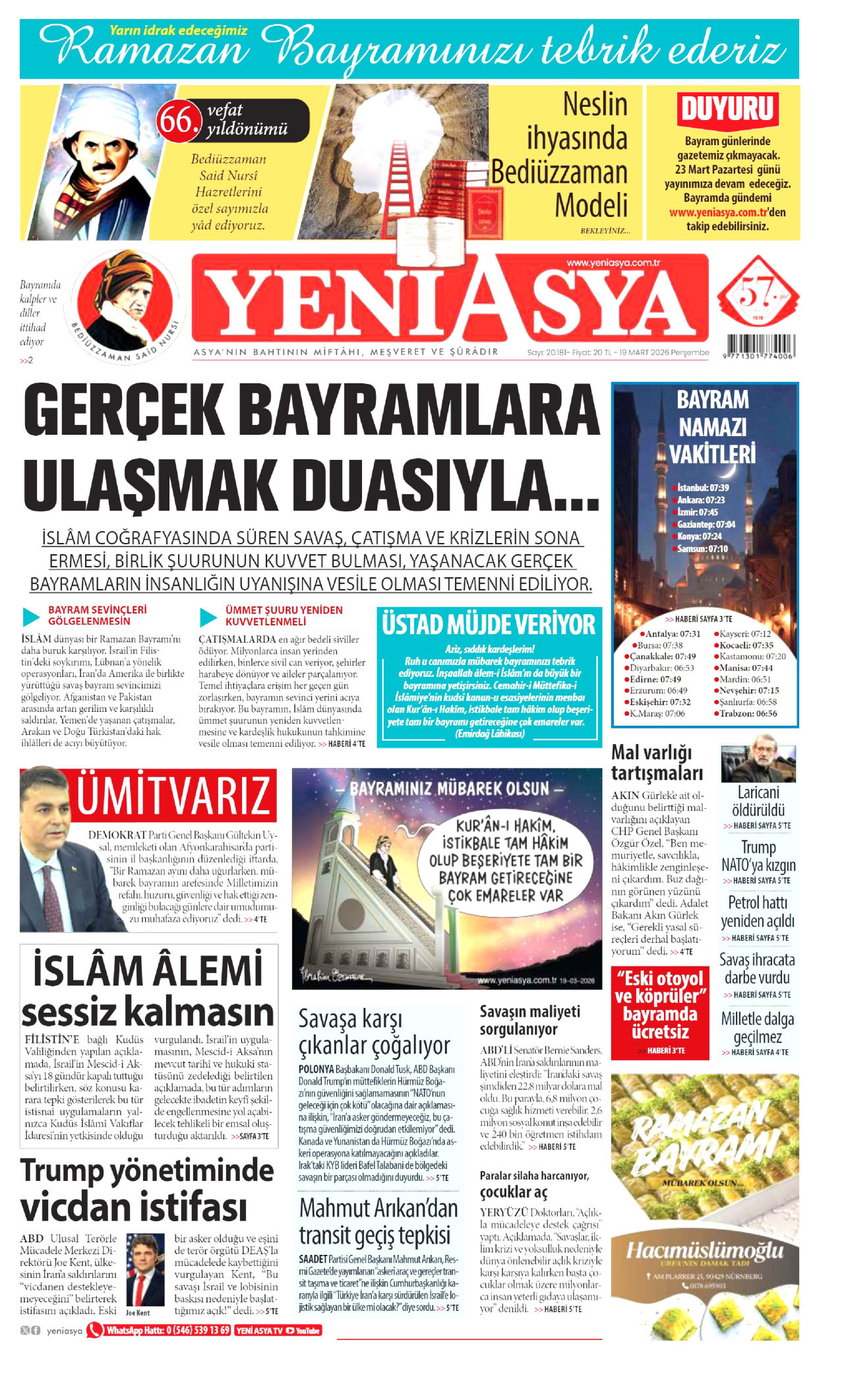 YENİ ASYA gazetesinin 19 Mart 2026 tarihli birinci sayfası