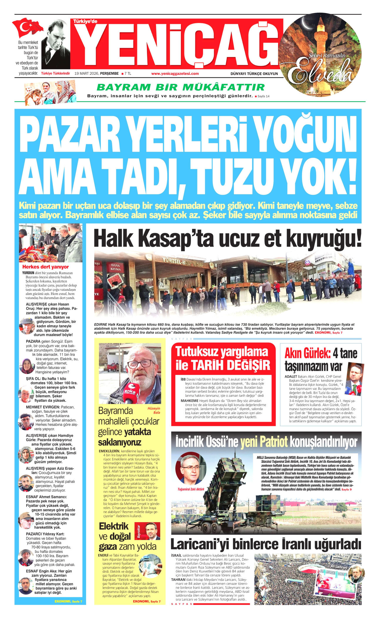 YENİÇAĞ gazetesinin 19 Mart 2026 tarihli birinci sayfası