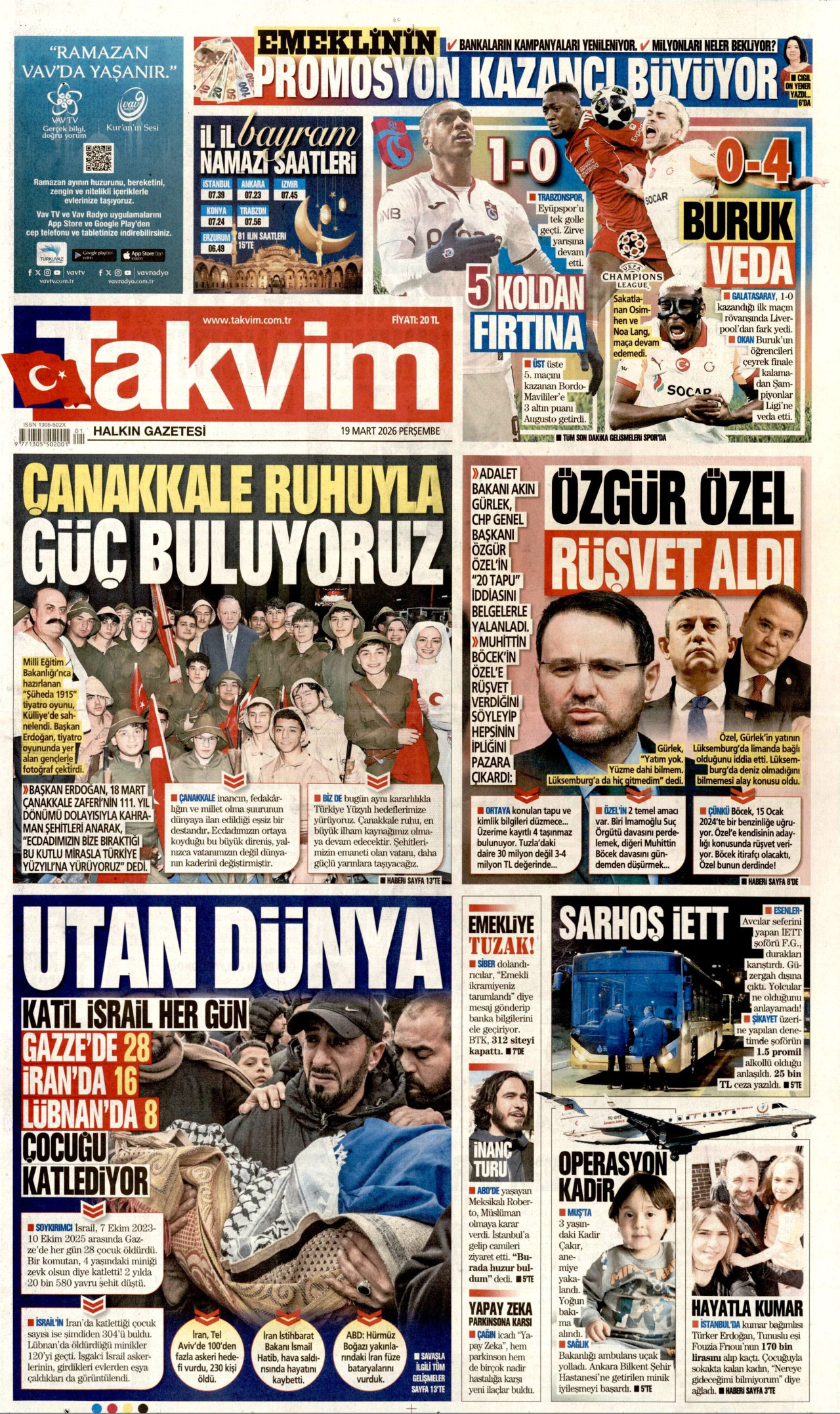 TAKVİM gazetesinin 19 Mart 2026 tarihli birinci sayfası