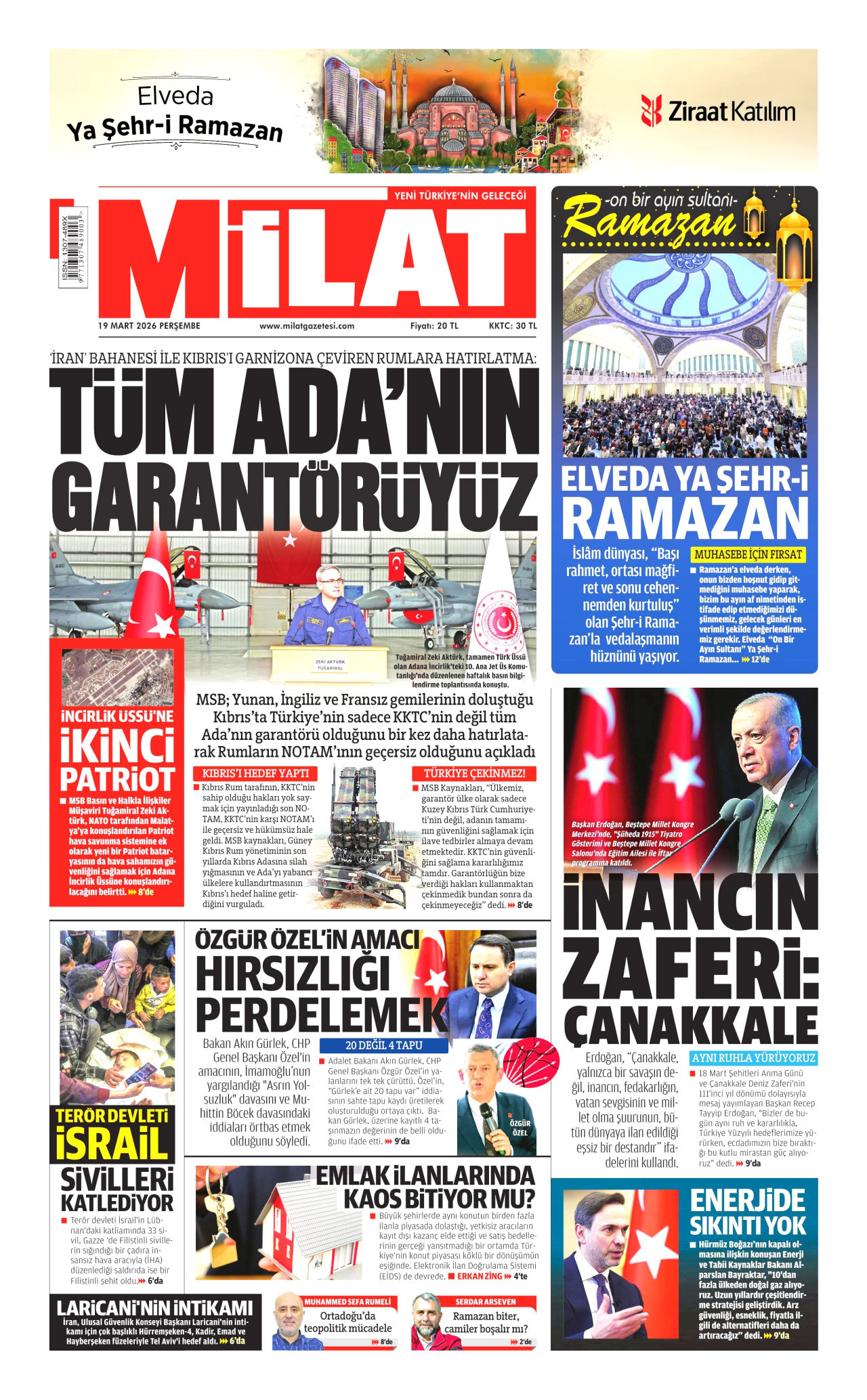 MİLAT gazetesinin 19 Mart 2026 tarihli birinci sayfası