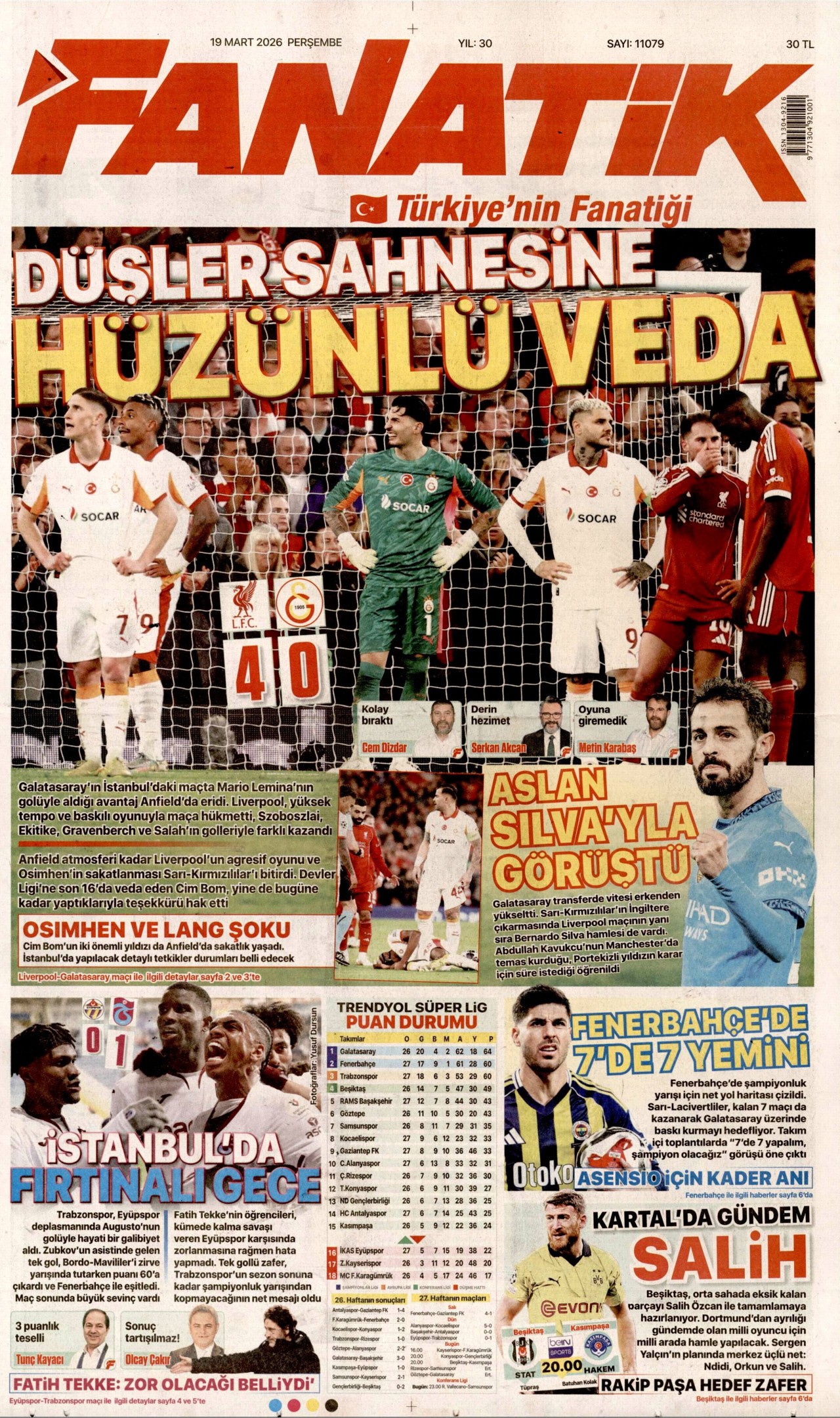 FANATİK gazetesinin 19 Mart 2026 tarihli birinci sayfası