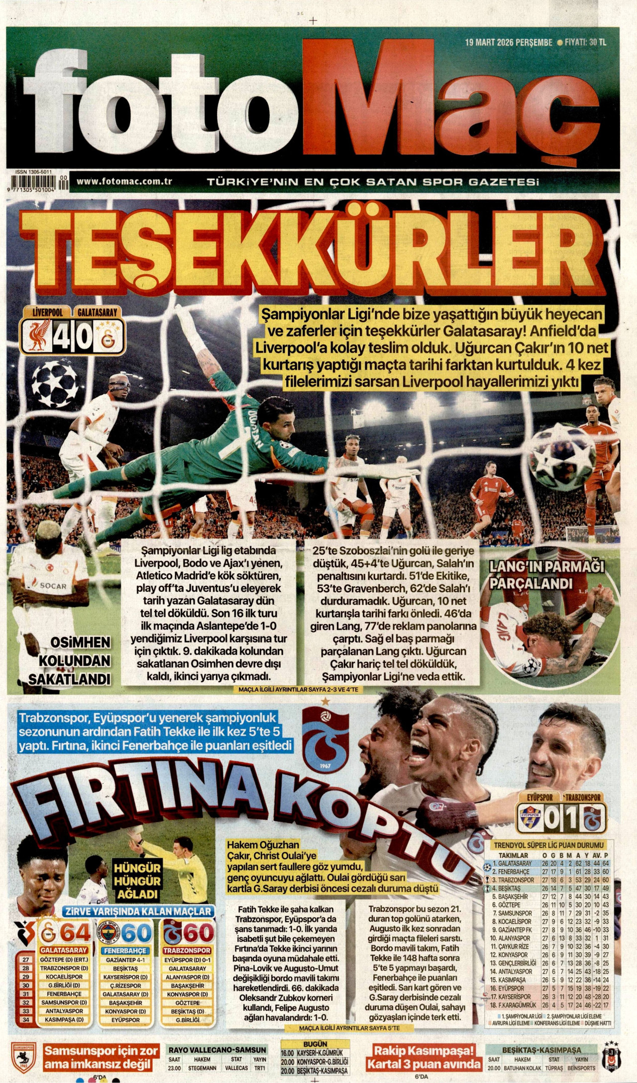 FOTOMAÇ gazetesinin 19 Mart 2026 tarihli birinci sayfası