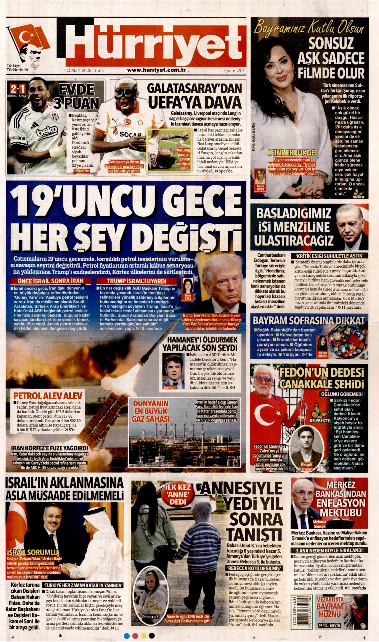 HÜRRİYET gazetesinin 20 Mart 2026 tarihli birinci sayfası