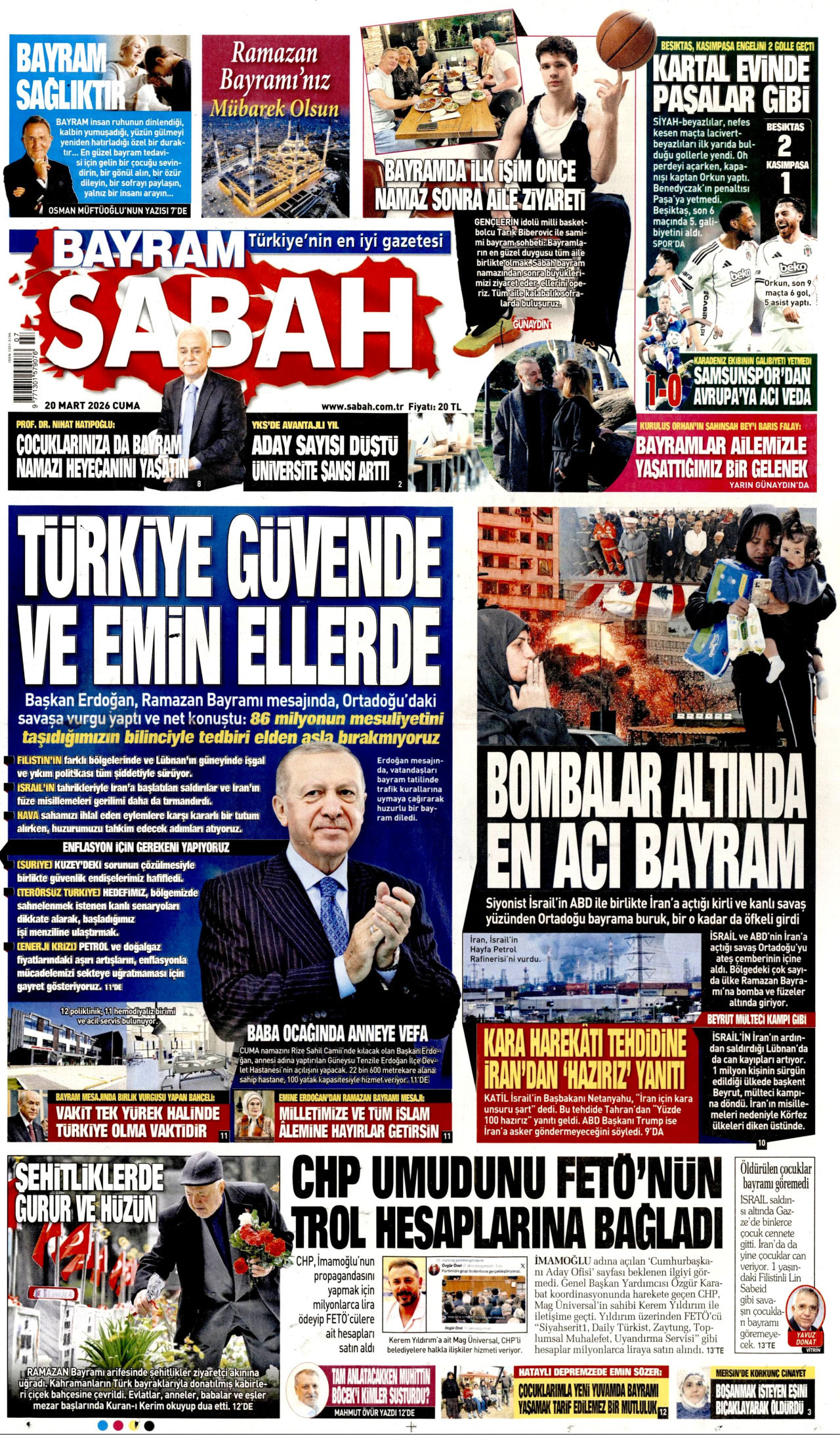 SABAH gazetesinin 20 Mart 2026 tarihli birinci sayfası