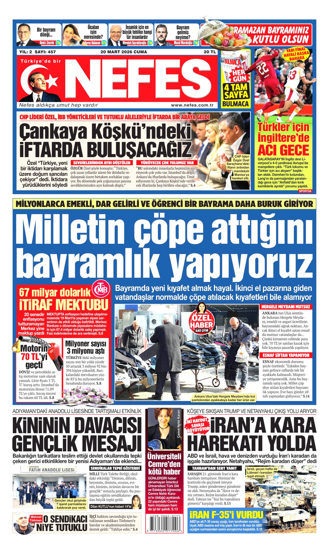 NEFES gazetesinin 20 Mart 2026 tarihli birinci sayfası