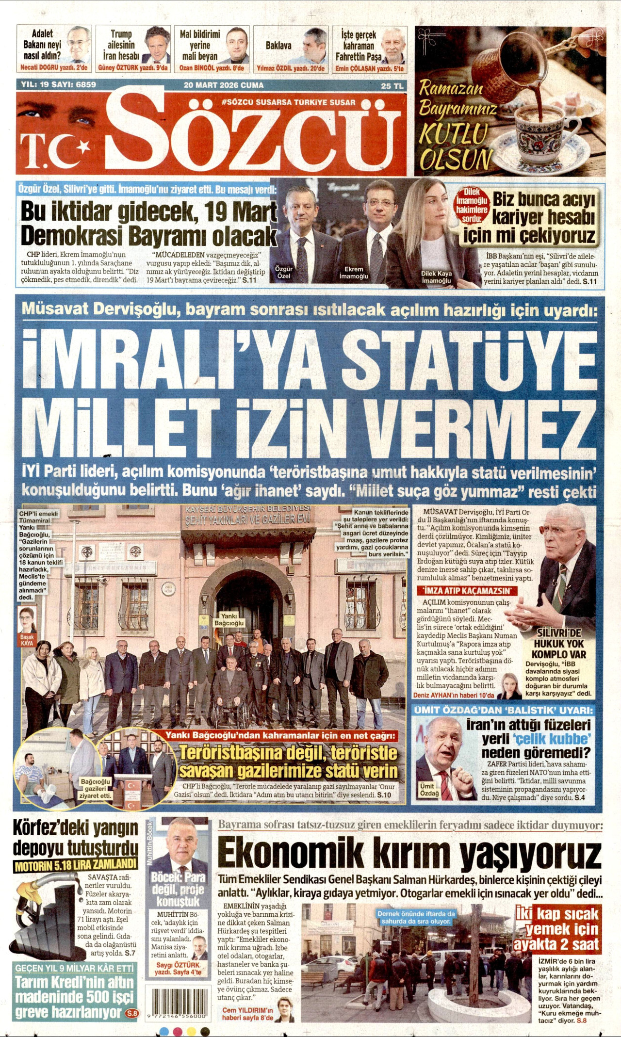 SÖZCÜ gazetesinin 20 Mart 2026 tarihli birinci sayfası