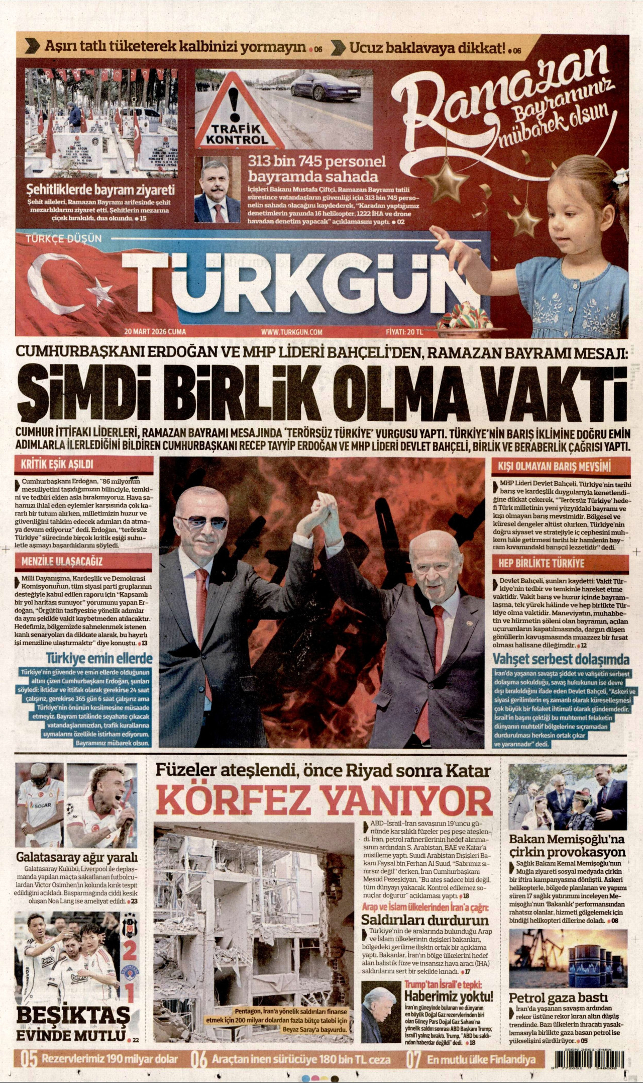 TÜRKGÜN gazetesinin 20 Mart 2026 tarihli birinci sayfası