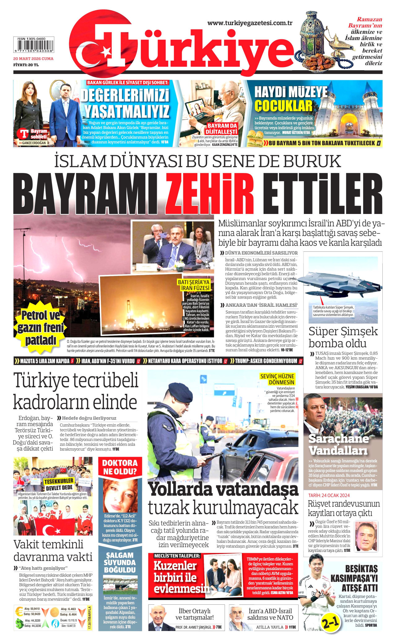 TÜRKİYE GAZETESİ gazetesinin 20 Mart 2026 tarihli birinci sayfası