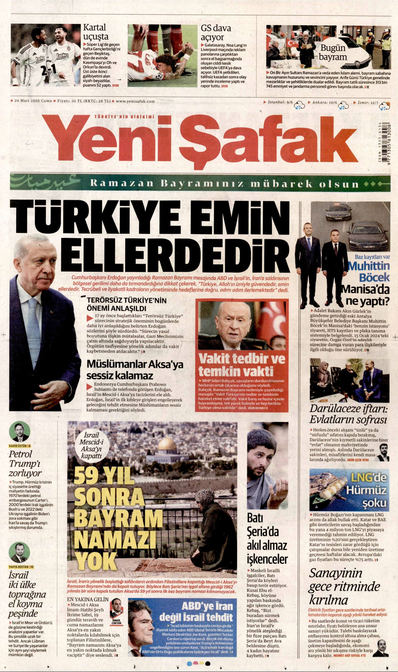 YENİ ŞAFAK gazetesinin 20 Mart 2026 tarihli birinci sayfası
