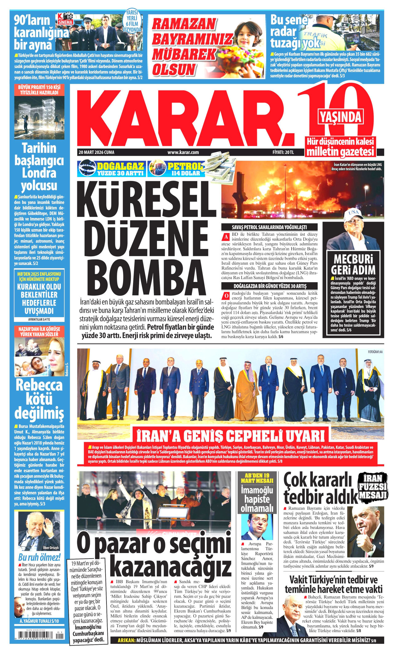 KARAR gazetesinin 20 Mart 2026 tarihli birinci sayfası
