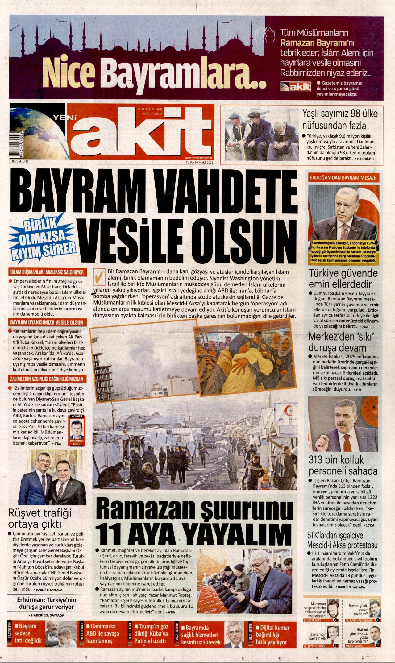 YENİ AKİT gazetesinin 20 Mart 2026 tarihli birinci sayfası