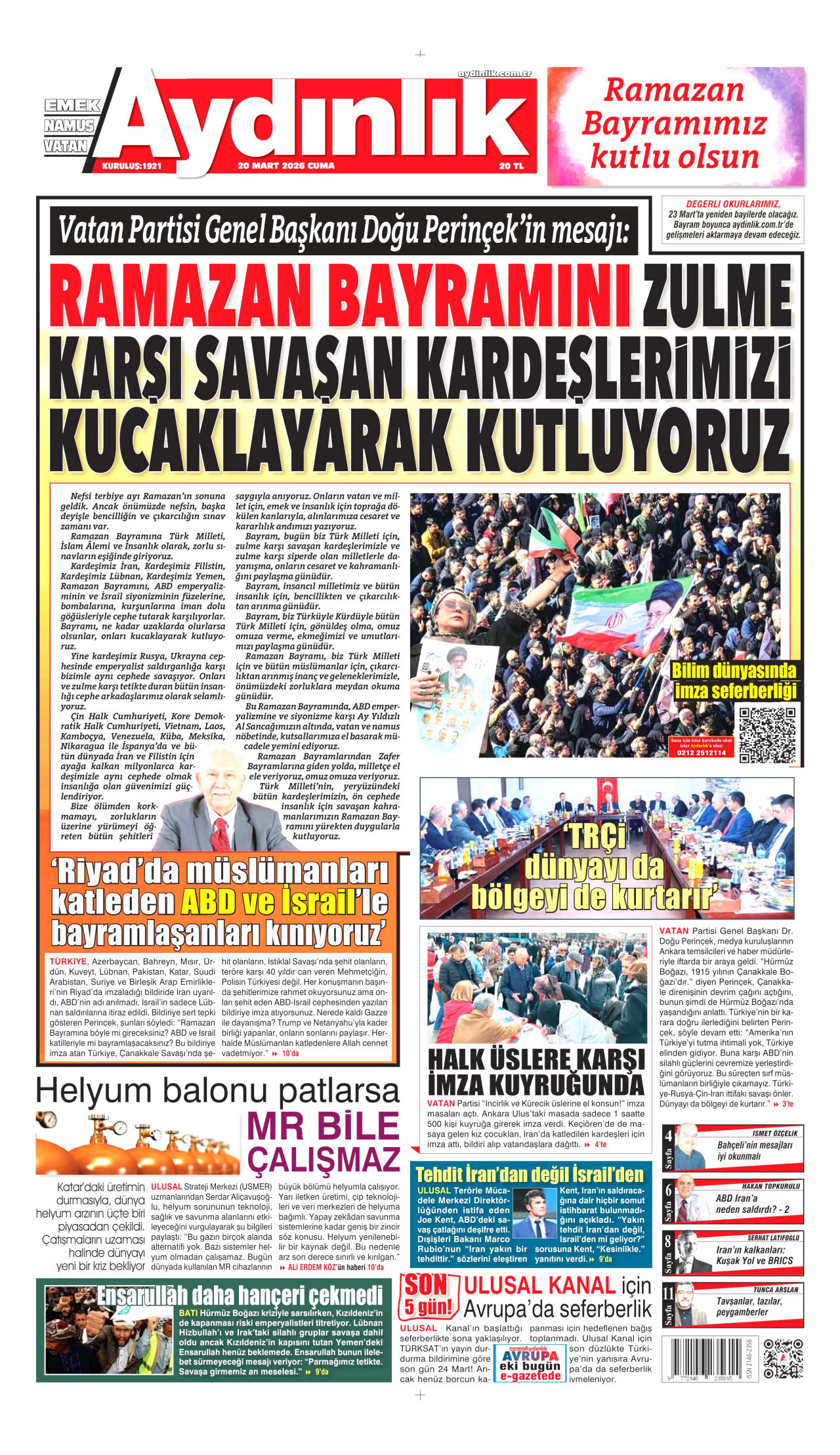 AYDINLIK GAZETESİ gazetesinin 20 Mart 2026 tarihli birinci sayfası