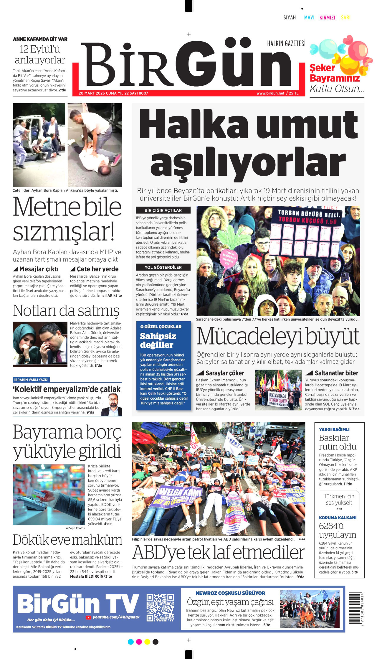 BİRGÜN gazetesinin 20 Mart 2026 tarihli birinci sayfası