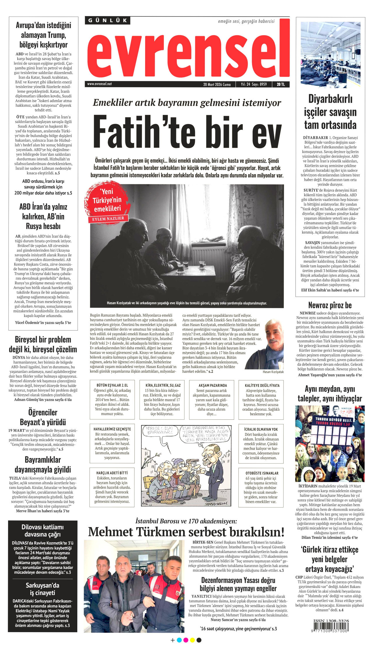 EVRENSEL gazetesinin 20 Mart 2026 tarihli birinci sayfası