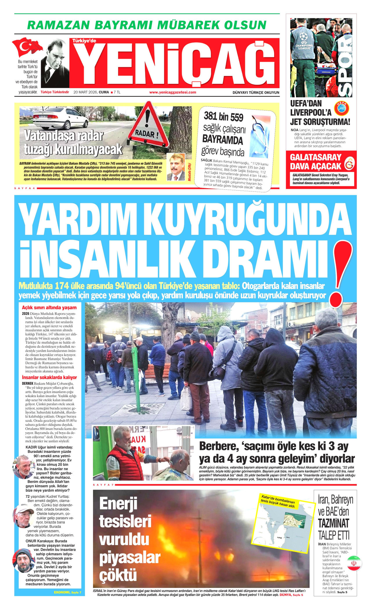 YENİÇAĞ gazetesinin 20 Mart 2026 tarihli birinci sayfası
